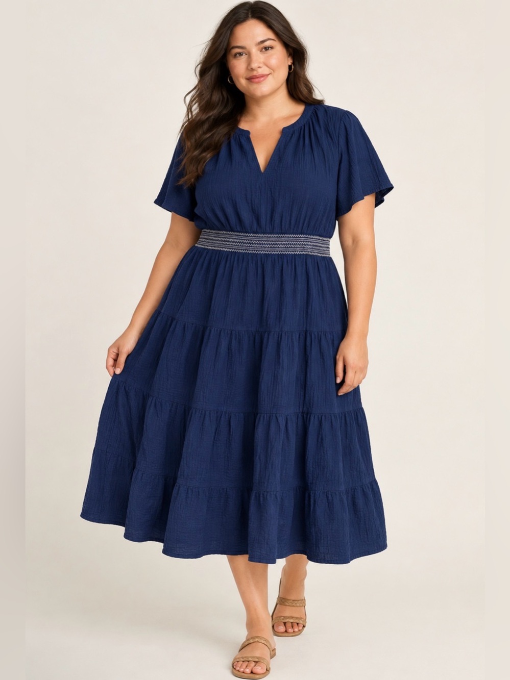 Lands' End Women’s Navy Short-Sleeve Gauze Tiered Midi Smocked Dress 1X EUC